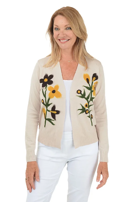 Winter White Felted Flower Buds Open Cardigan