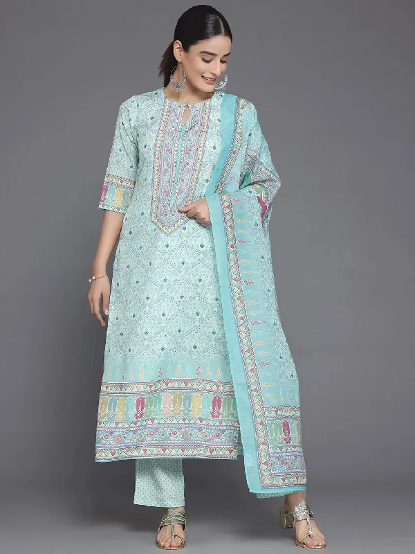 Green Printed Poly Crepe Straight Suit With Dupatta