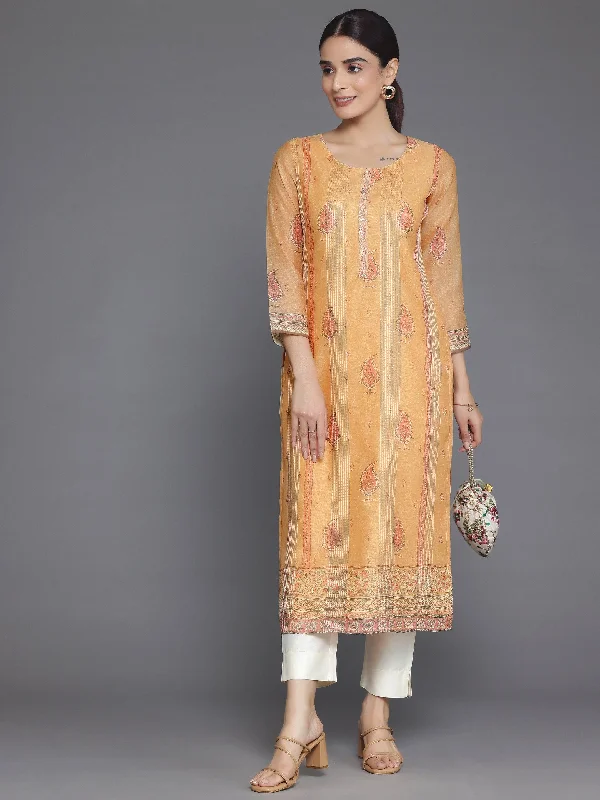 Orange Embellished Chanderi Silk Straight Kurta