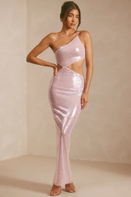 Sheer Sequin One Shoulder Cut Out Maxi Dress in Lilac